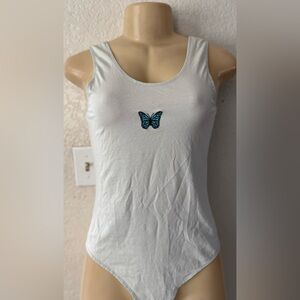 Elegant White Bodysuit with Blue Butterfly Accent sexy top